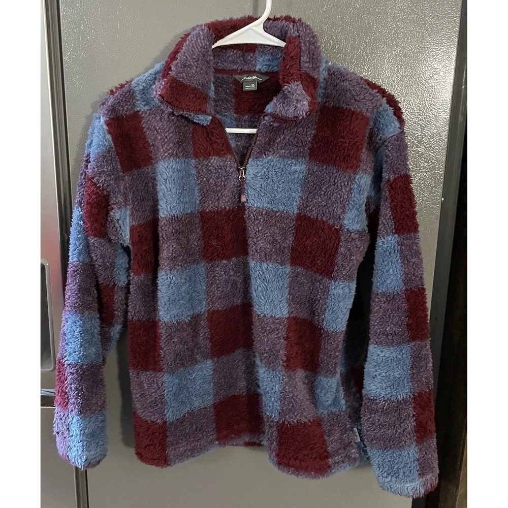 Eddie‎ Bauer Women's XS Quarter Zip Fleece Fuzzy Checkered Pullover Preppy